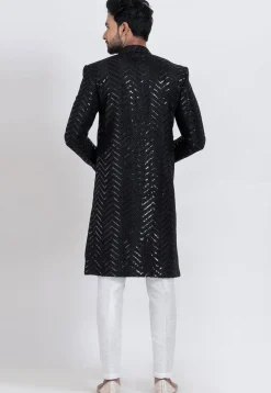 Embroidered Viscose Rayon Sherwani in Black