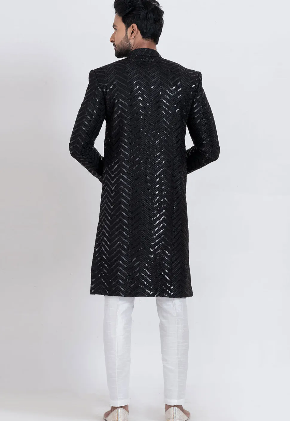 Embroidered Viscose Rayon Sherwani in Black