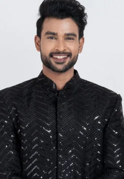 Embroidered Viscose Rayon Sherwani in Black