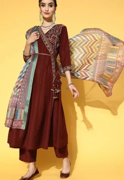 Embroidered Viscose Rayon Pakistani Suit in Brown