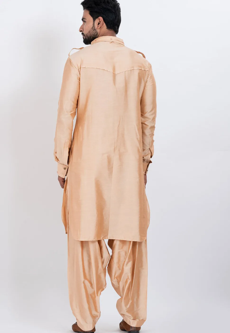 Embroidered Viscose Rayon Paithani Suit in Beige