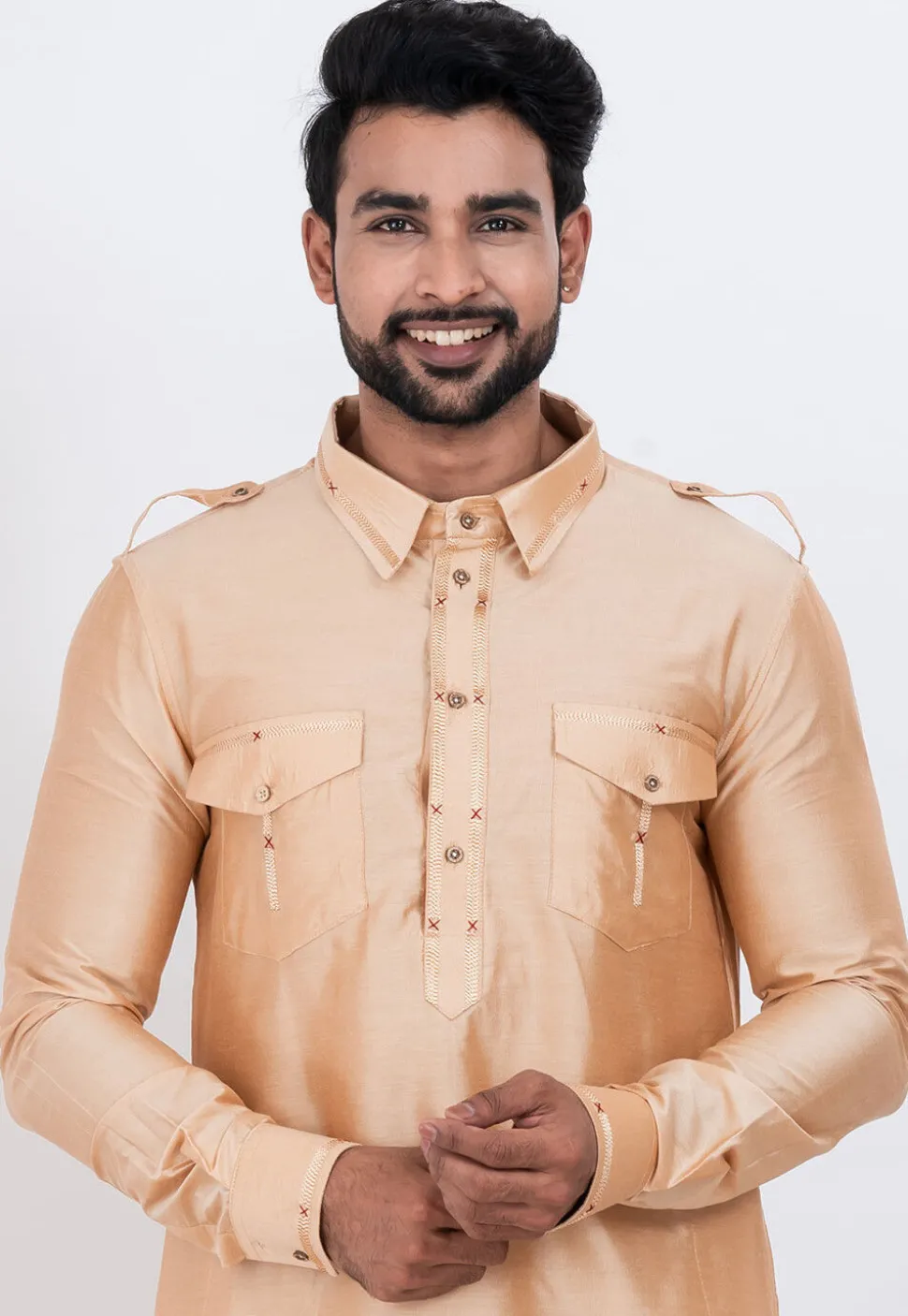 Embroidered Viscose Rayon Paithani Suit in Beige