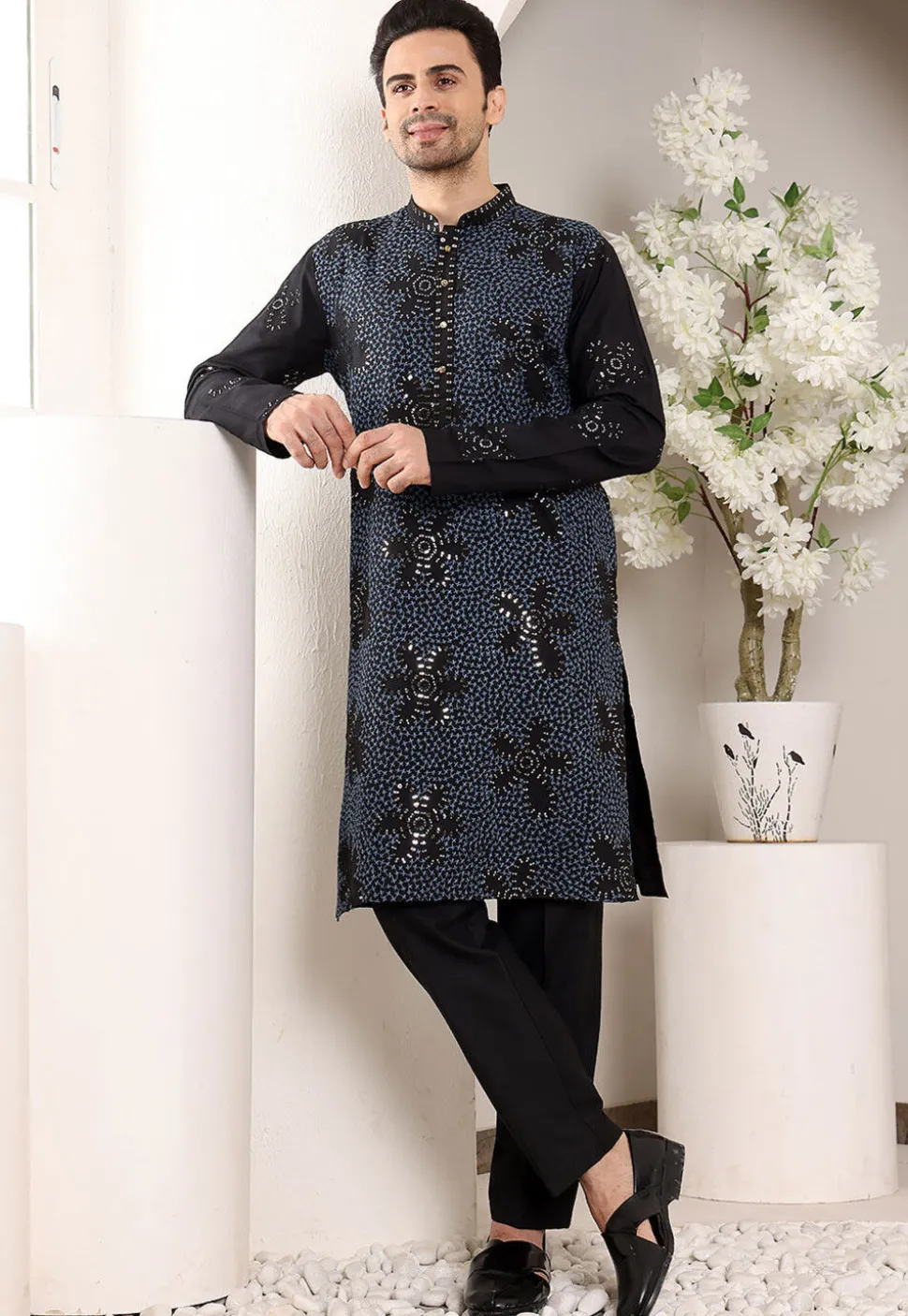 Embroidered Viscose Rayon Kurta Set in Black
