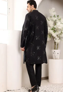 Embroidered Viscose Rayon Kurta Set in Black