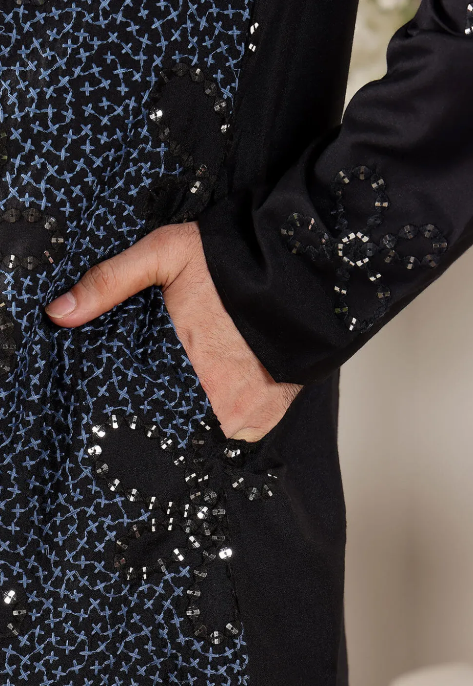 Embroidered Viscose Rayon Kurta Set in Black