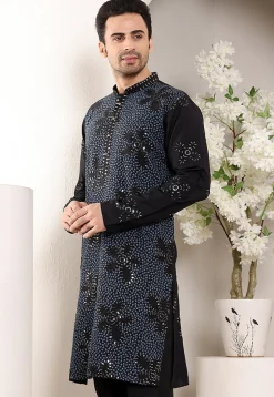 Embroidered Viscose Rayon Kurta in Black