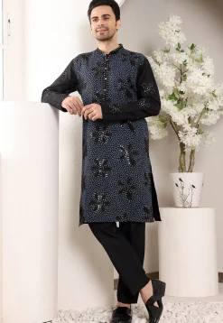 Embroidered Viscose Rayon Kurta in Black