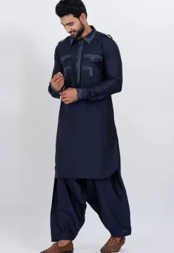 Embroidered Viscose Rayon Paithani Suit in Navy Blue