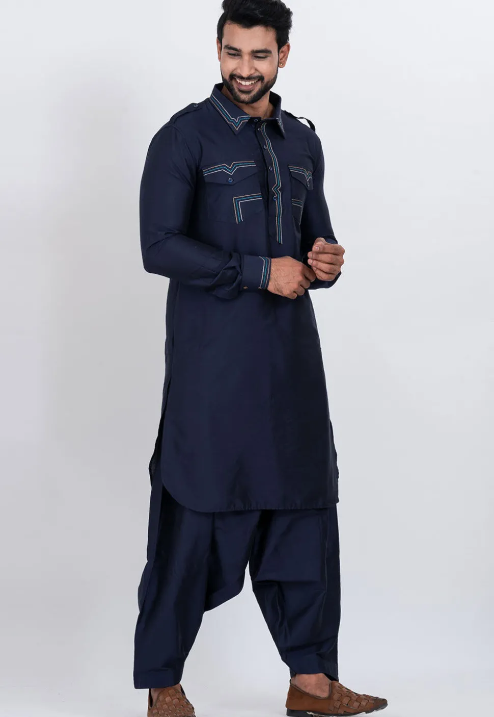 Embroidered Viscose Rayon Paithani Suit in Navy Blue