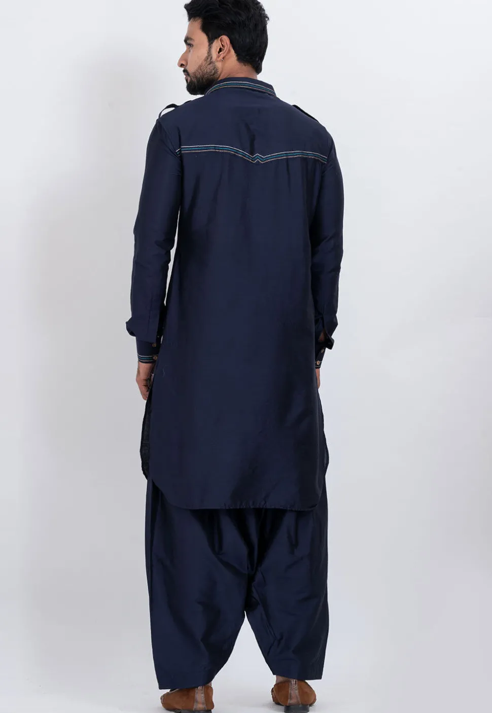 Embroidered Viscose Rayon Paithani Suit in Navy Blue
