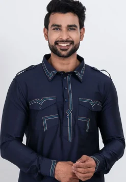 Embroidered Viscose Rayon Paithani Suit in Navy Blue