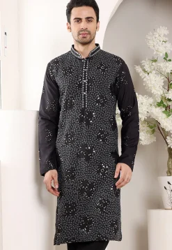 Embroidered Viscose Rayon Kurta in Black