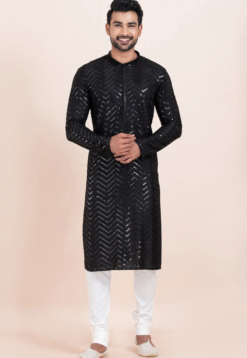 Embroidered Viscose Rayon Kurta Set in Black