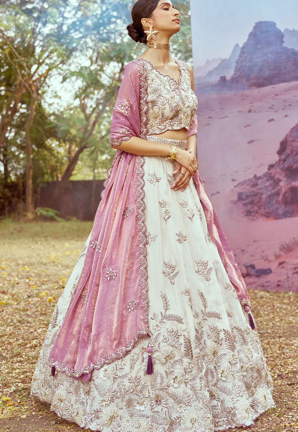 Embroidered Viscose Rayon Lehenga in Purple