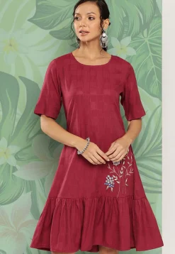 Embroidered Viscose Rayon Ruffled Dress in Maroon