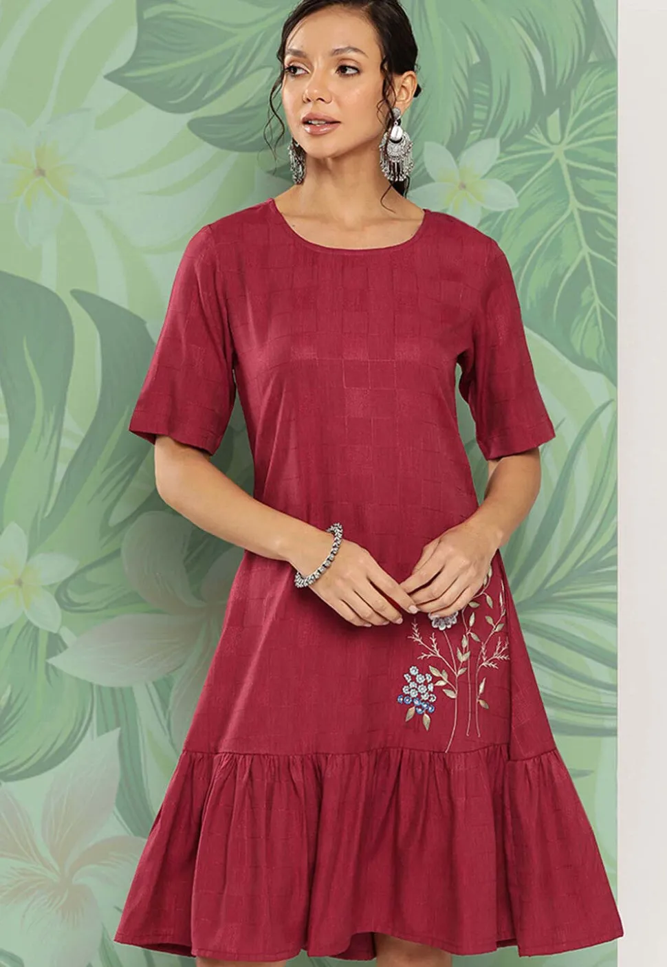 Embroidered Viscose Rayon Ruffled Dress in Maroon