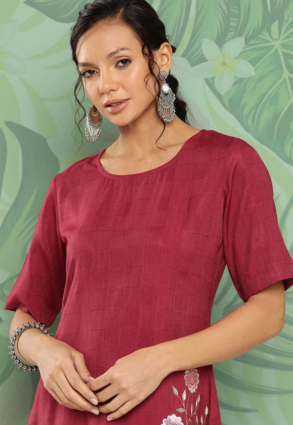 Embroidered Viscose Rayon Ruffled Dress in Maroon