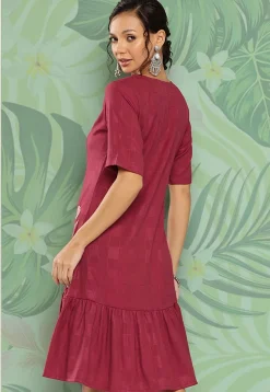 Embroidered Viscose Rayon Ruffled Dress in Maroon
