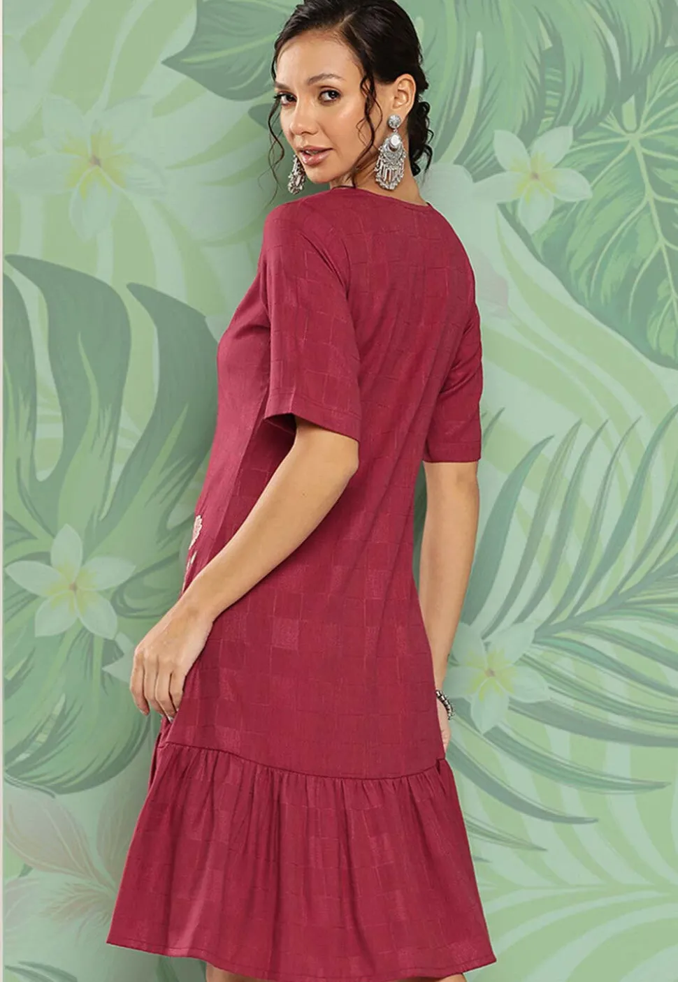 Embroidered Viscose Rayon Ruffled Dress in Maroon