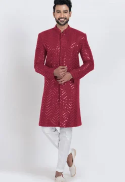 Embroidered Viscose Rayon Sherwani in Red