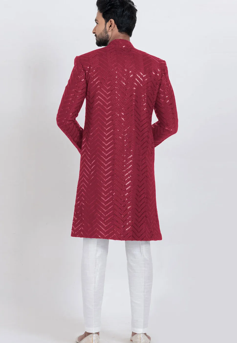 Embroidered Viscose Rayon Sherwani in Red