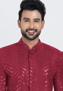 Embroidered Viscose Rayon Sherwani in Red