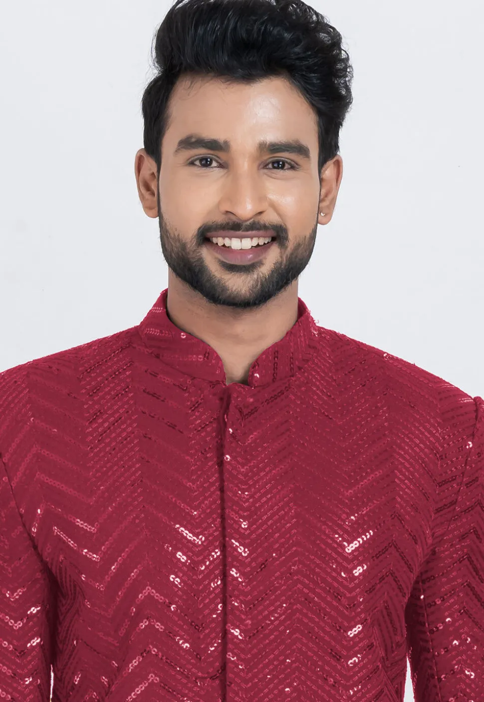 Embroidered Viscose Rayon Sherwani in Red