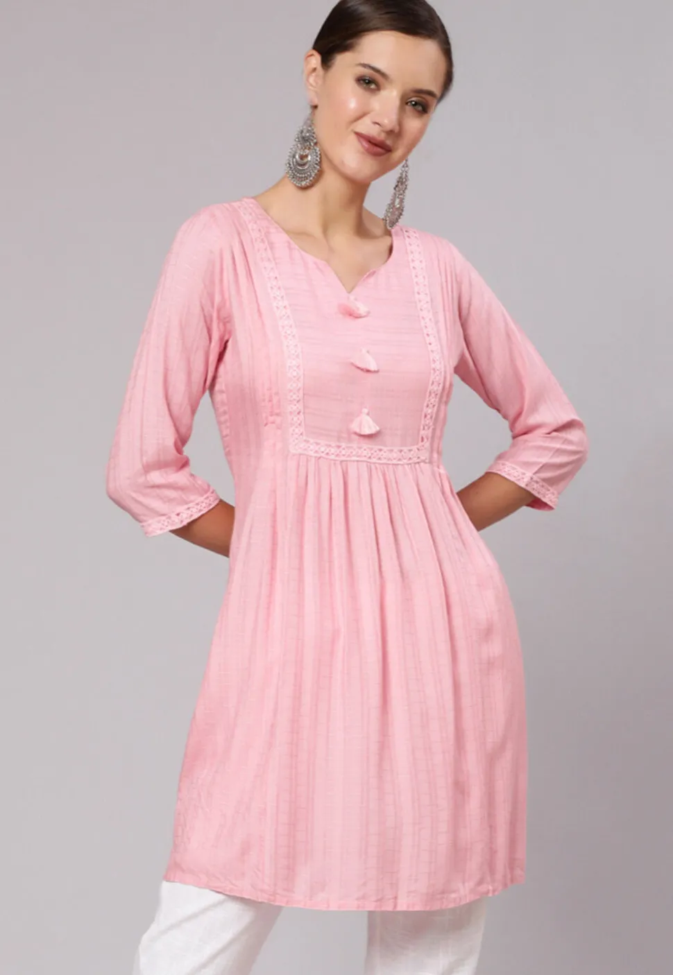 Embroidered Viscose Rayon Tunic in Pink