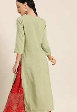 Embroidered Viscose Rayon Straight Kurta in Light Olive Green