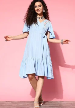 Embroidered Viscose Rayon Jacquard Fit N Flare Dress in Blue