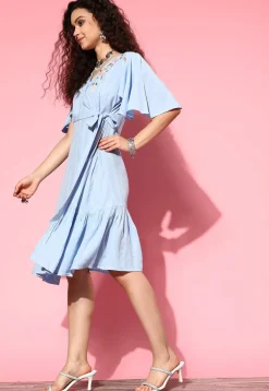 Embroidered Viscose Rayon Jacquard Fit N Flare Dress in Blue