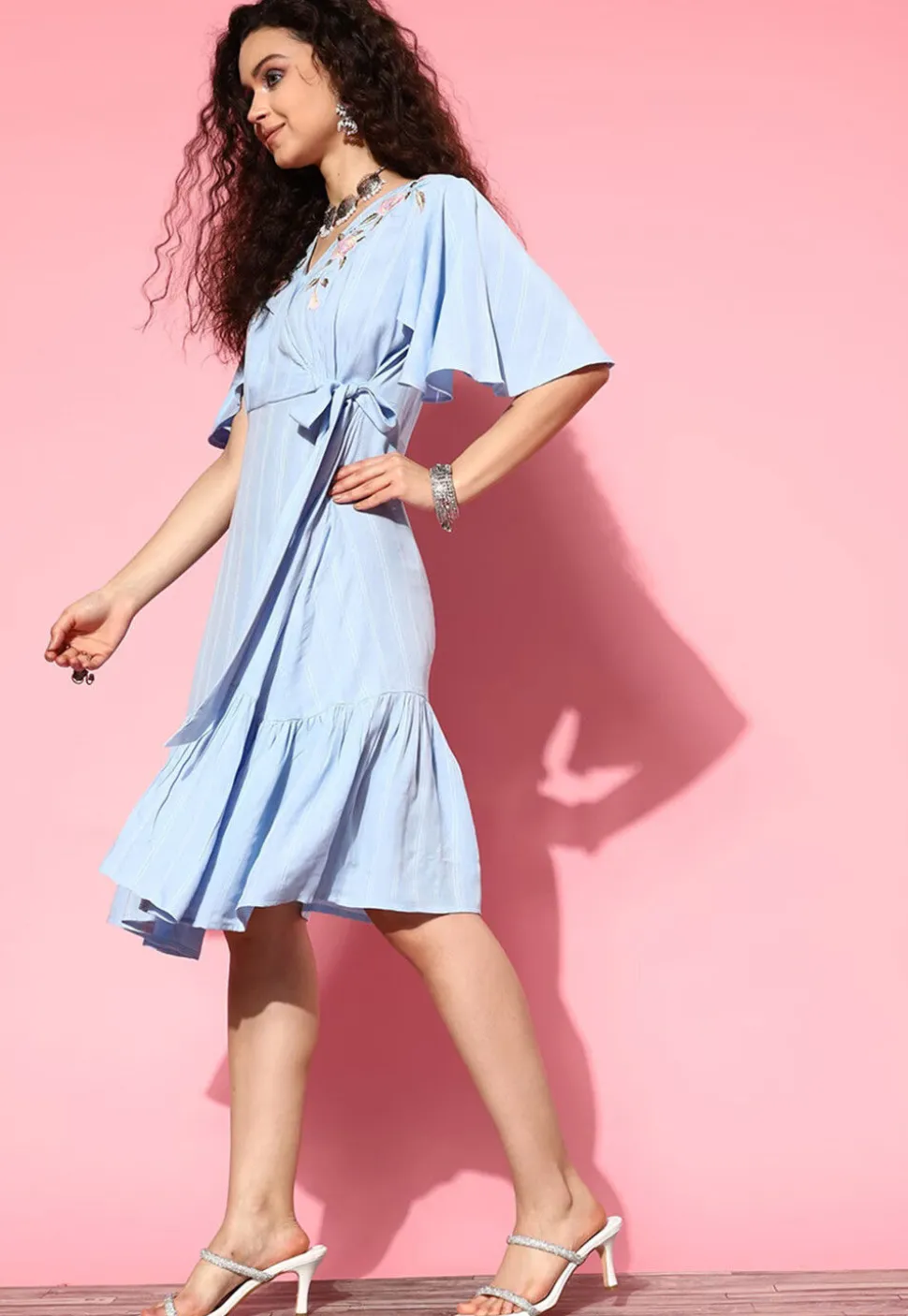 Embroidered Viscose Rayon Jacquard Fit N Flare Dress in Blue