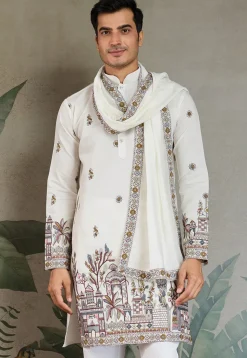 Embroidered Viscose Silk Kurta in Off White