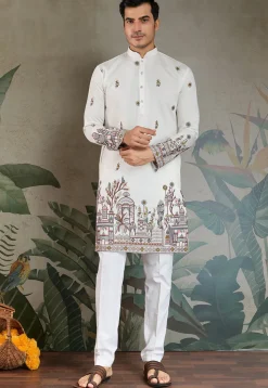 Embroidered Viscose Silk Kurta in Off White