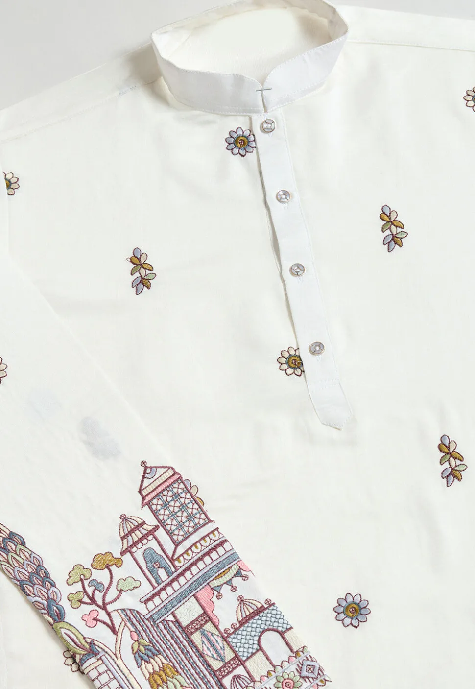 Embroidered Viscose Silk Kurta in Off White