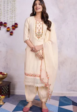 Embroidered Viscose Silk Punjabi Suit in Cream