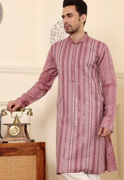 Embroidered Viscose Silk Kurta in Pink
