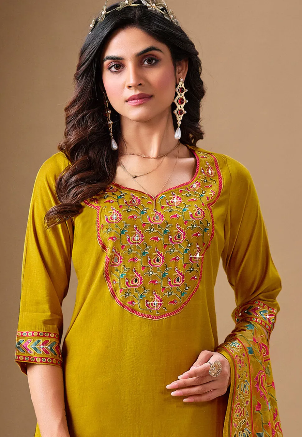 Embroidered Viscose Silk Pakistani Suit in Mustard