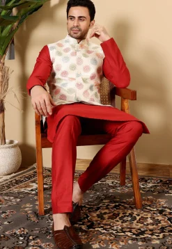 Embroidered Viscose Silk Kurta Set in Red and White