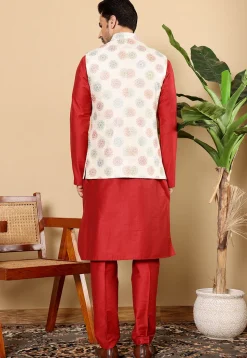 Embroidered Viscose Silk Kurta Set in Red and White
