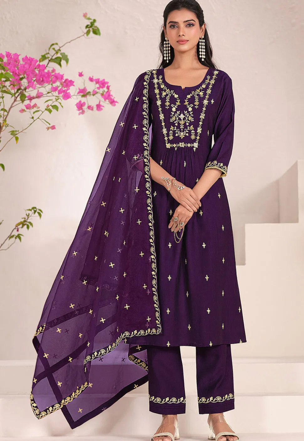 Embroidered Viscose Silk Pakistani Suit in Purple