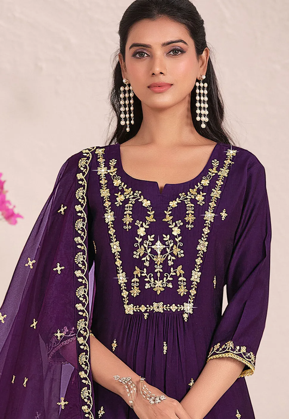 Embroidered Viscose Silk Pakistani Suit in Purple