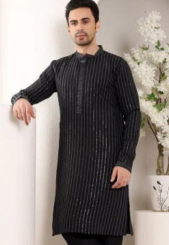Embroidered Viscose Silk Kurta in Black