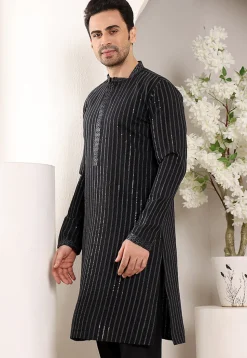 Embroidered Viscose Silk Kurta in Black