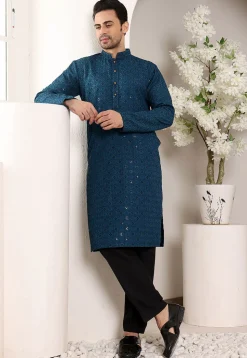 Embroidered Viscose Silk Kurta Set in Teal Blue
