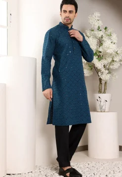 Embroidered Viscose Silk Kurta Set in Teal Blue