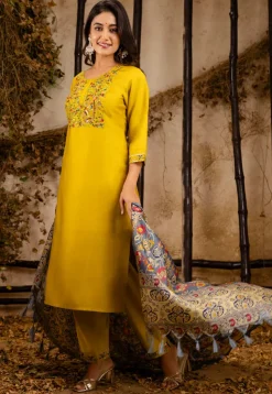 Embroidered Viscose Silk Pakistani Suit in Yellow