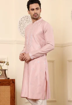 Embroidered Viscose Silk Kurta in Pink