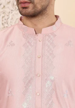 Embroidered Viscose Silk Kurta in Pink