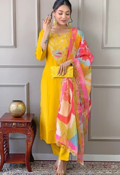 Embroidered Viscose Silk Pakistani Suit in Mustard